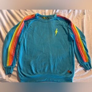 Aviator Nation Blue Crewneck with Rainbow Stripes